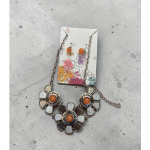 Boho Floral Statement Necklace & Earrings Set Silver Tone Orange Accent NWOT